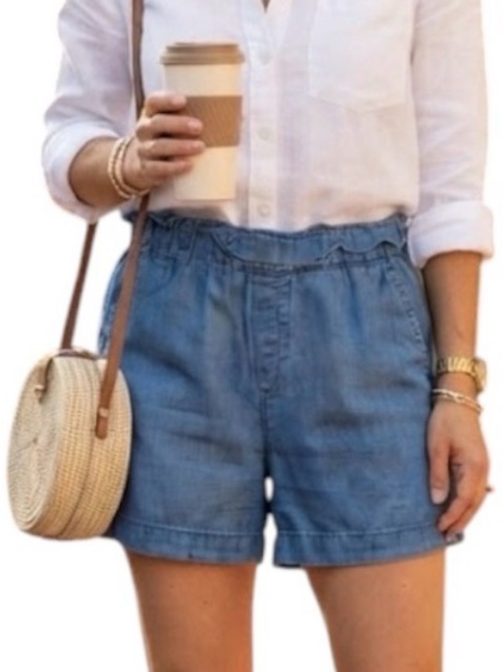 NORDSTROM THREAD & SUPPLY Bohemian Preppy Chambray Ruffle Waist Shorts Blue L